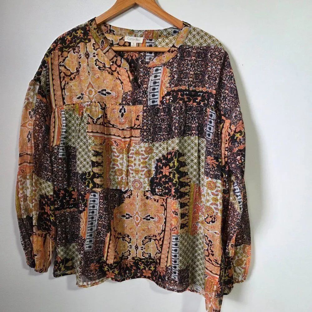 NWOT COTTON BLEU BOHO PRINT SPLIT V NECK LONGSLEEVES TOP SIZE SMALL